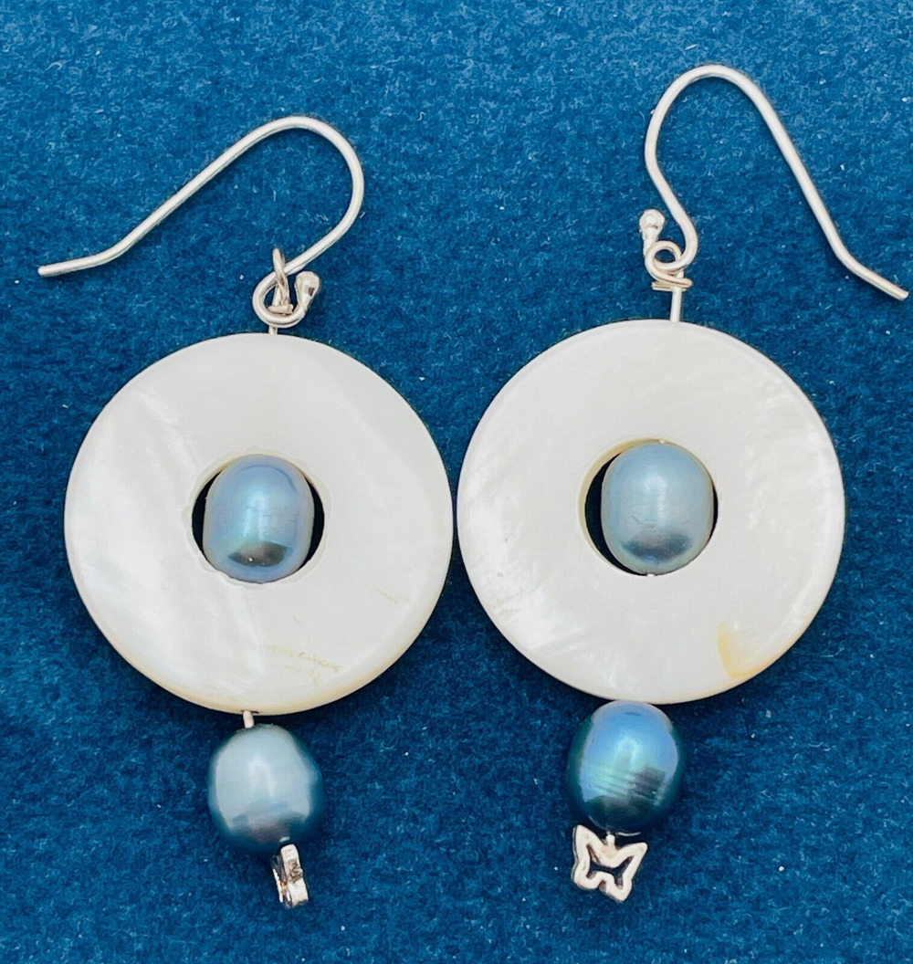 Earrings 925 Dyed Blue Pearls Sterling Silver Mother of Pearl Circle Dangle